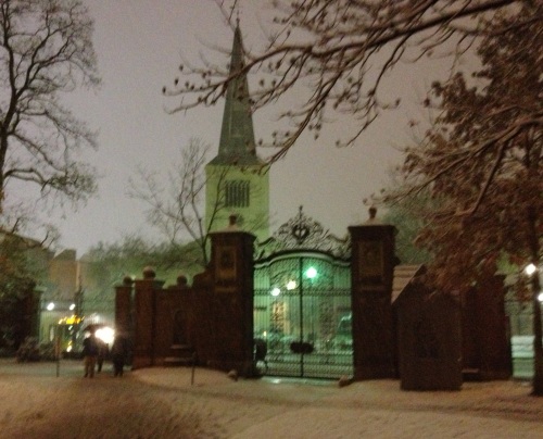 Harvard Square, first snow. Cambridge, MA.