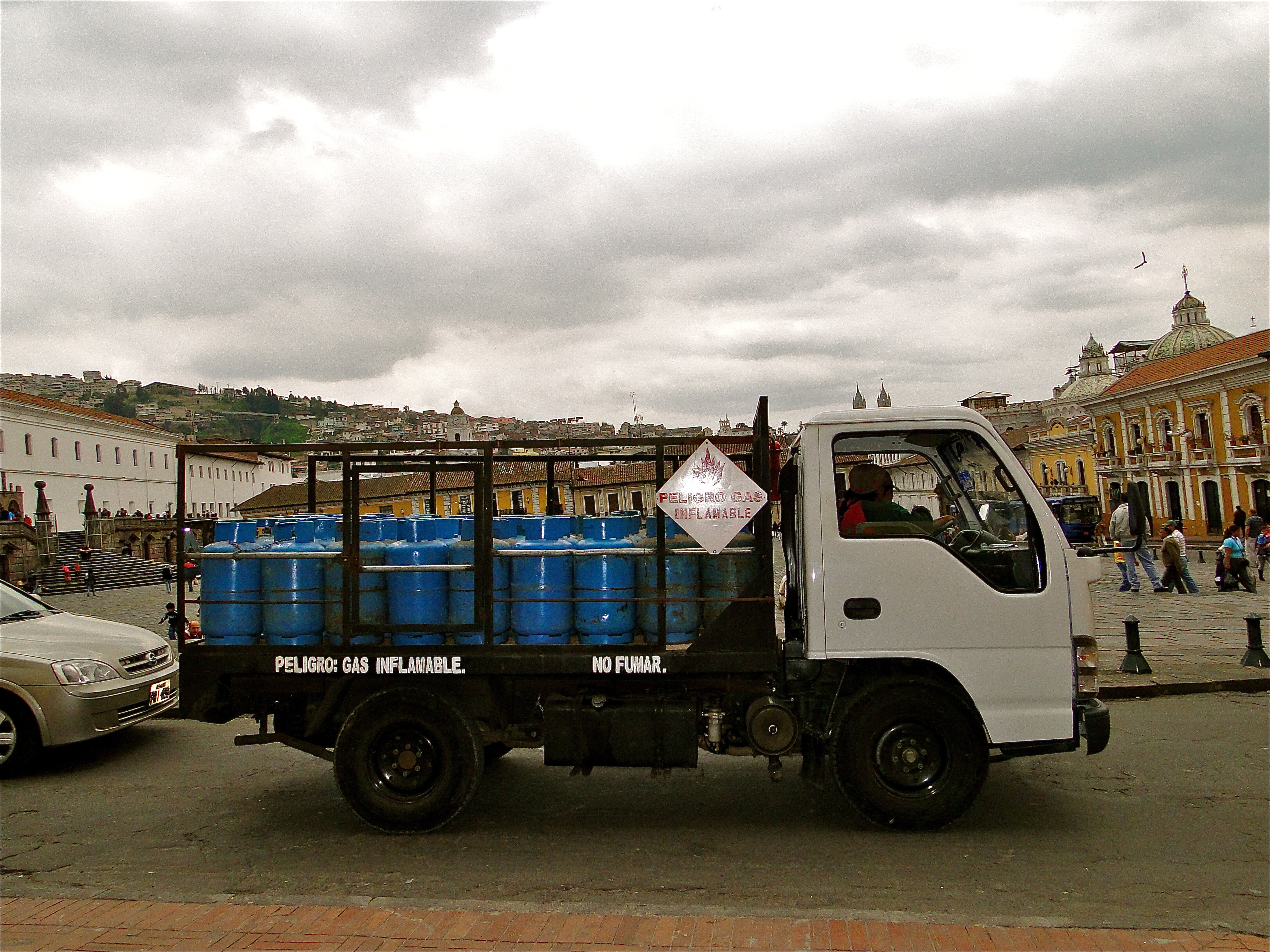 Flammable truck. Plaza in Old Town Quito, Ecuador. 
